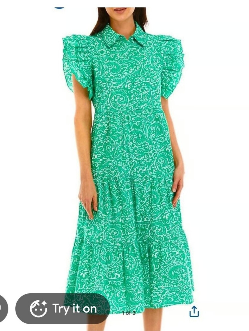 Crown & Ivy Green Printed Ruffle Sleeve Midi Dress